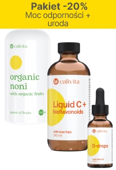 pakiet -20%: moc odporności + uroda pakiet calivita -20%: organic noni with organic fruits + liquid c+ bioflavonoids + d-drops liquid vitamin d